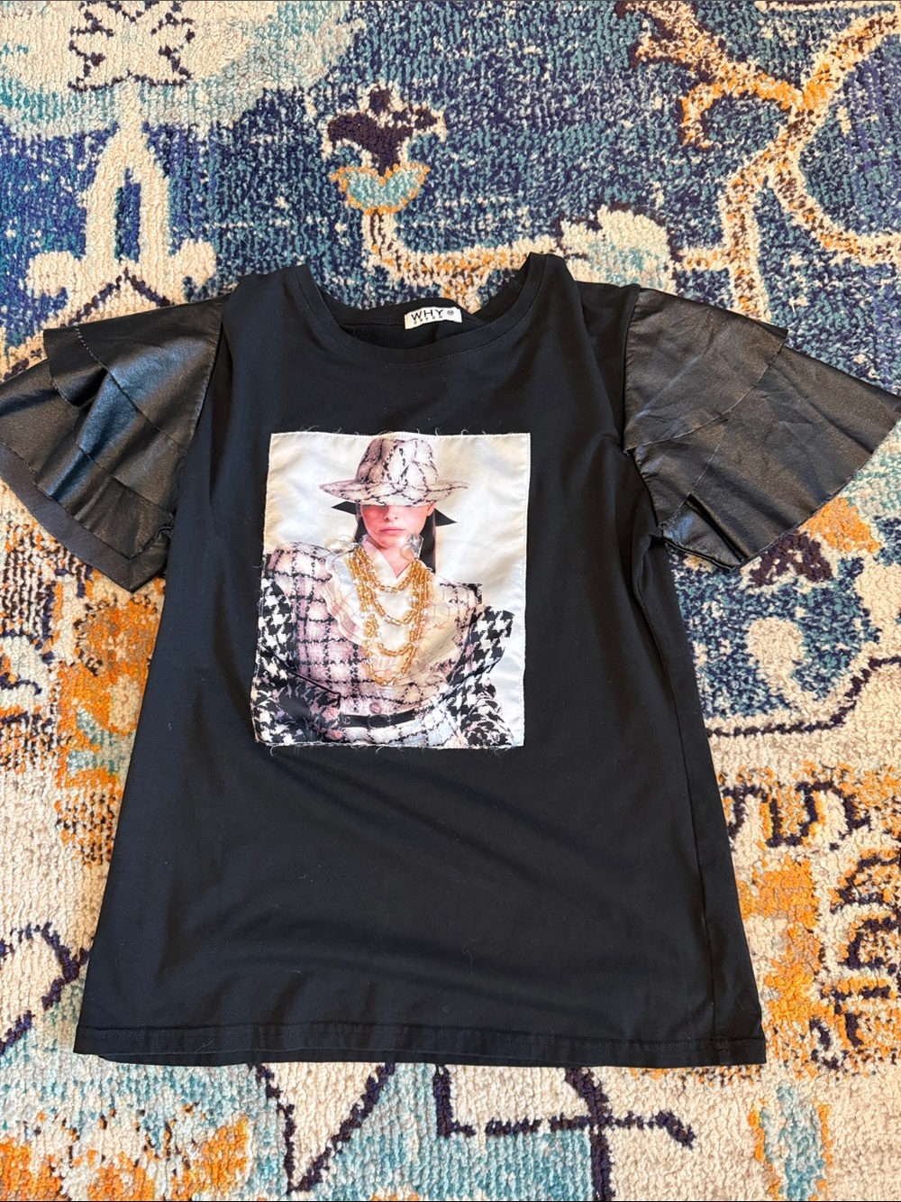 Kids Black Graphic Tee with Shiny Puff Sleeves